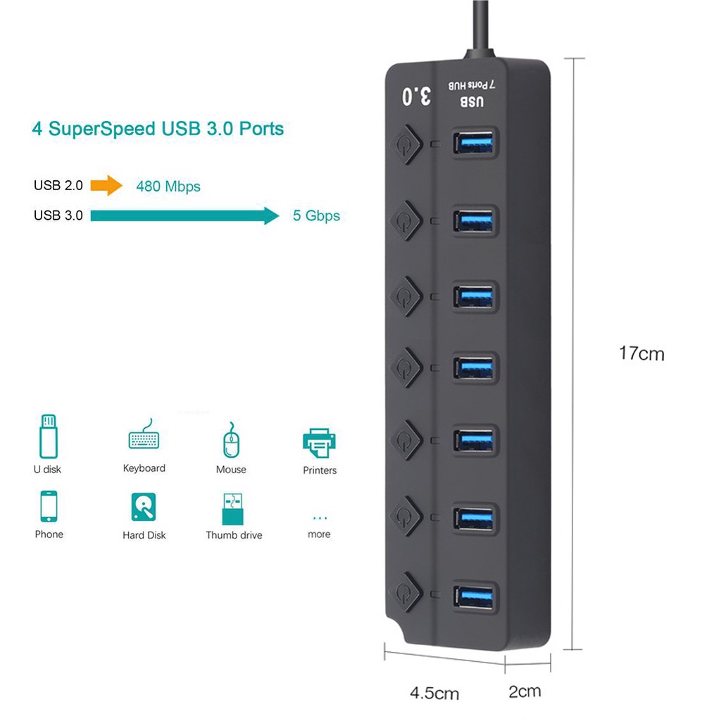 Bộ Chia 7 Cổng USB 3.0 3.0 5Gbps Có Đèn LED Cho Laptop PC