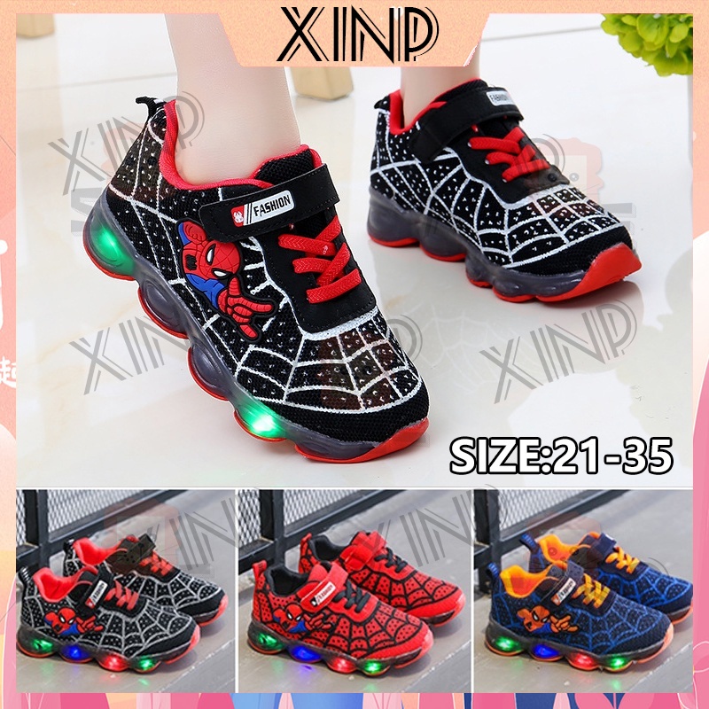 Giày sneaker Đi Học Có Đèn led Dạ Quang Size 21-36 Hình Người Nhện / Người Nhện Thời Trang Cho Bé Trai / Bé Gái