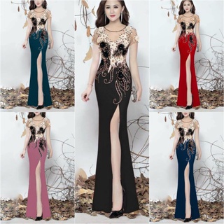 Đầm váy body dạ hội xẻ tà đính hoa kết kim sa cao cấp