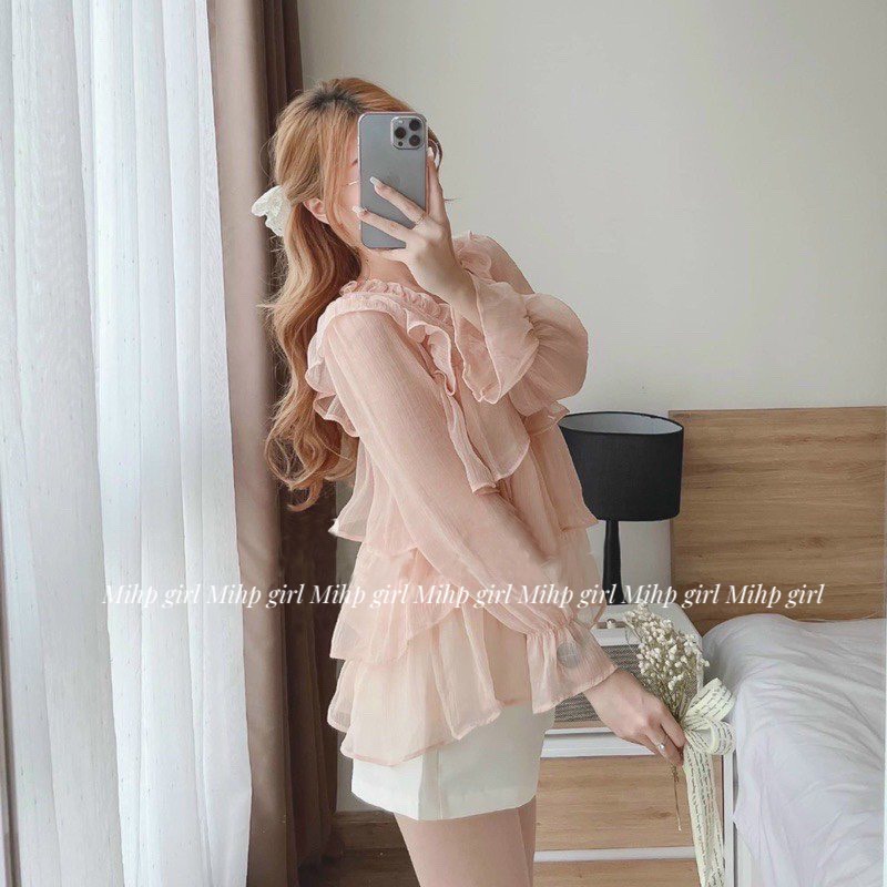 Set bộ nữ áo babydoll tầng  vải tơ hàn mix quần vải tapta lưng chun siêu hottrend