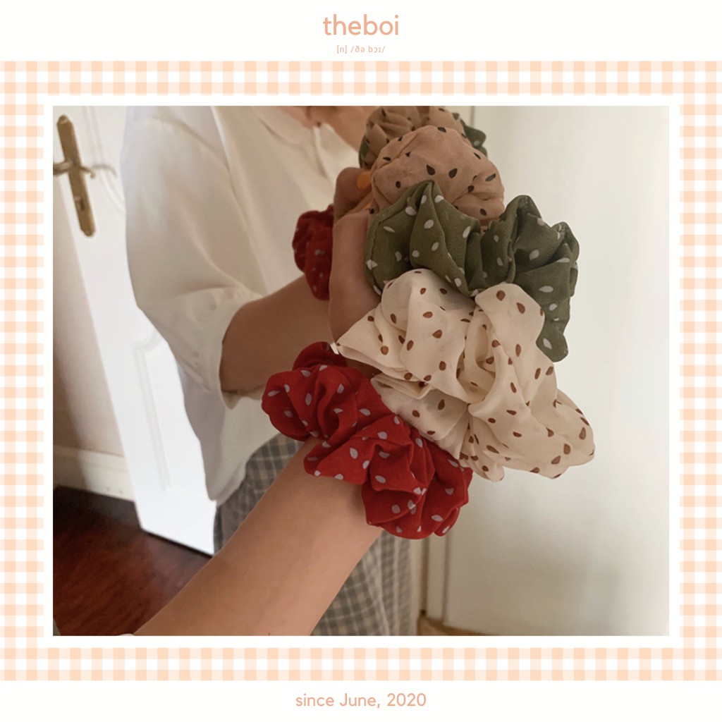 Dây Buộc Tóc, Cột Tóc Scrunchies Chấm Bi Phong Cách Retro SC04