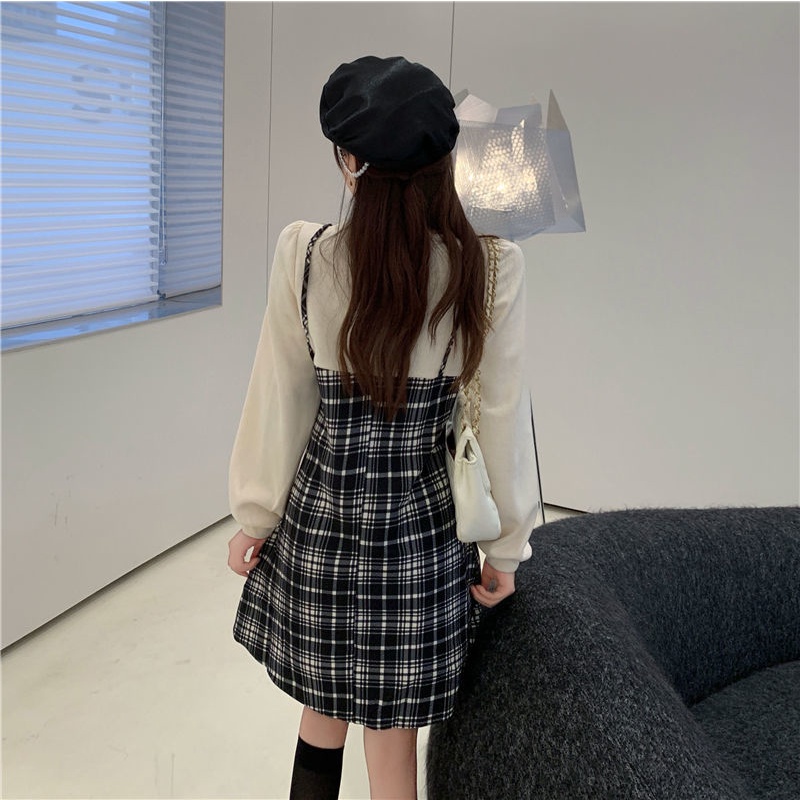 Đầm Tay Phồng Giả Hai Lớp Họa Tiết Sọc Caro Thời Trang Mùa Thu Cho Nữ