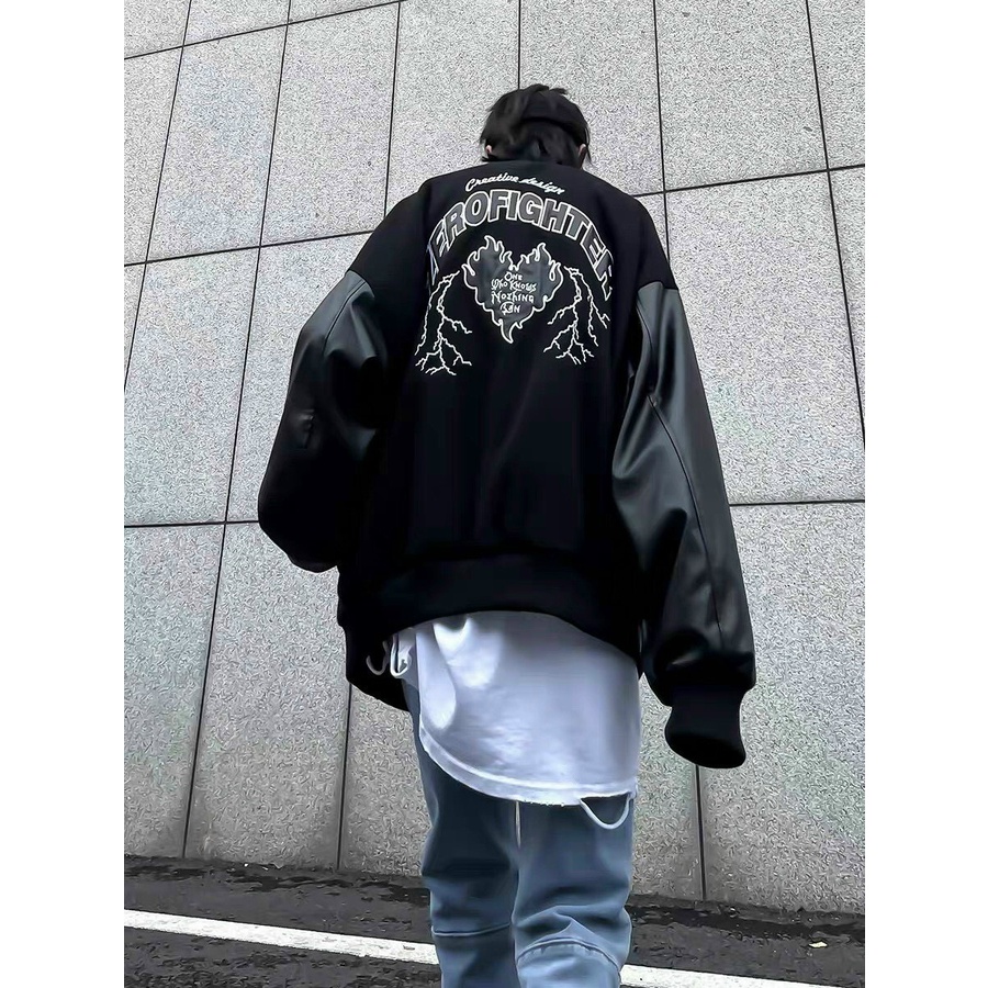 Áo Khoác Bomber Varsity Phối Tay Da Jacket Nam Nữ Full Đen Unisex Chất Kaki Dày