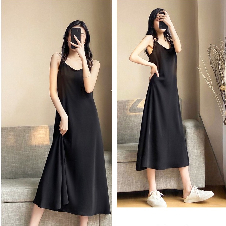 Váy lụa 2 dây suông ulzzang dáng dài maxi đi biển chất lụa cao cấp dày dặn,siêu đẹp