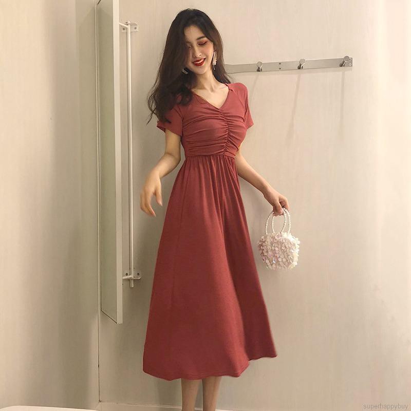 Đầm maxi cổ chữ V màu trơn phong cách Hàn Quốc thanh lịch cho nữ | BigBuy360 - bigbuy360.vn