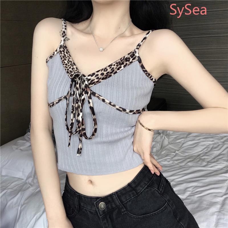 Áo Hai Dây Dệt Kim Phối Họa Tiết Da Báo Quyến Rũ Cho Nữ