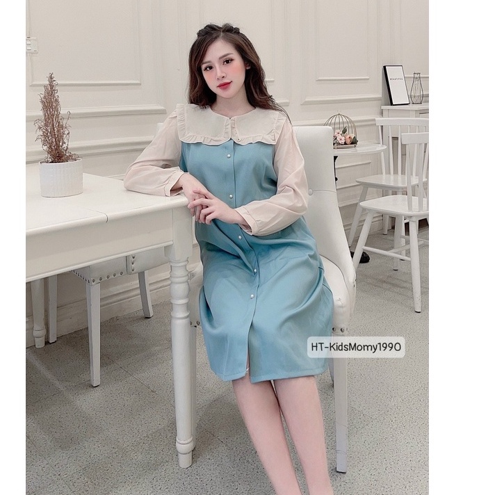 Đầm Bầu Váy Bầu Dài Tay Thu Đông Dáng Suông Phối Tay Trắng Thiết Kế Đẹp Điệu