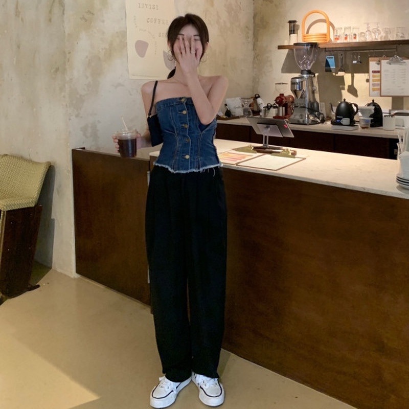 Áo Ống Ngắn Không Tay Vải Denim Thời Trang Mùa Hè Gợi Cảm Dễ Phối Đồ