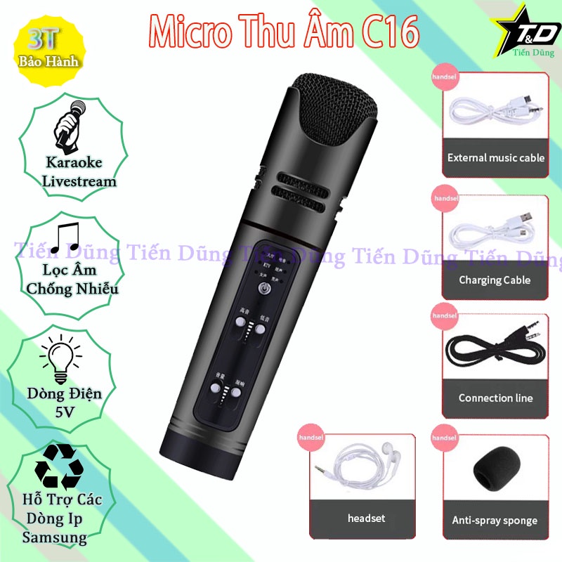 [Mã ELHACE giảm 4% đơn 300K] MIC THU ÂM C16 CÓ AUTO TUNE KIÊM SOUND CARD VÀ MICRO VỚI PIN 3 IN 1