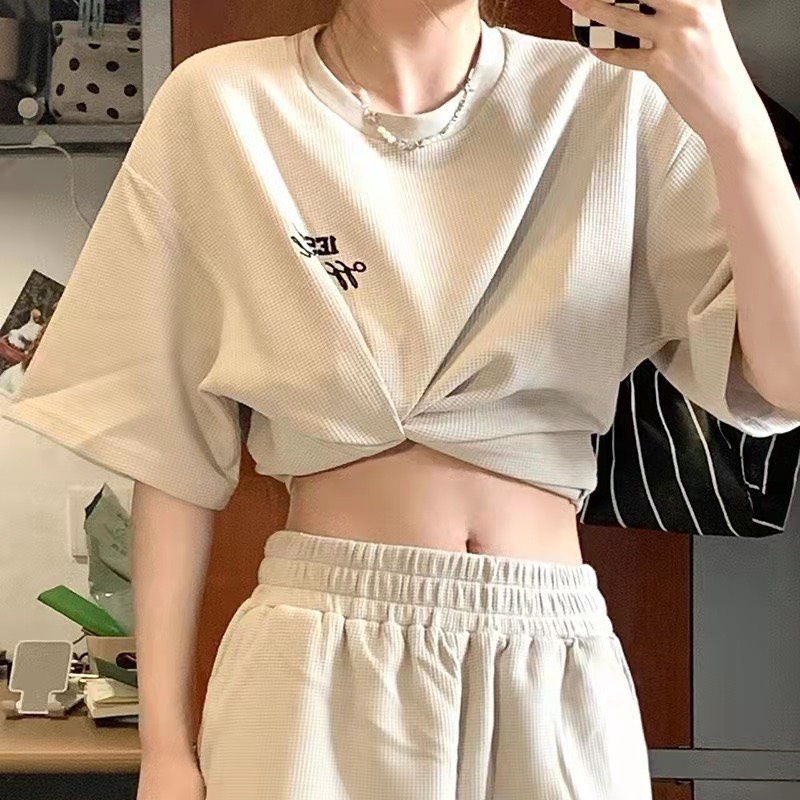 Set áo phông LESS mix quần short chất tổ ong / Bộ đồ thiết kế tay lỡ form rộng phối với quần đùi trẻ trung Nanashop