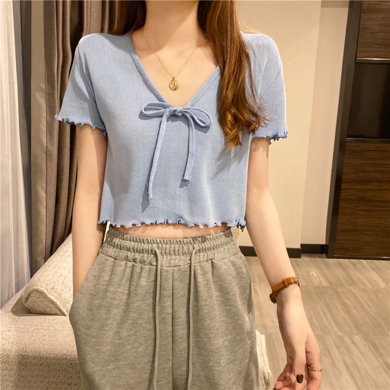Áo Croptop Tay Ngắn Phối Nơ Màu Xanh Dương JL-TX-279