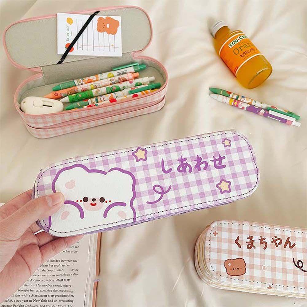 Túi Đựng Bút Sức Chứa Lớn In Họa Tiết Kẻ Ô Dễ Thương Cho Bé Ốp