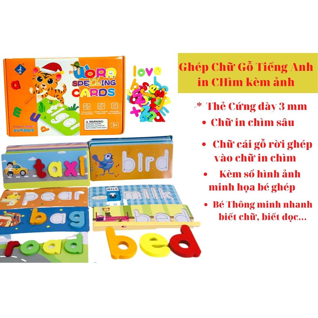 Spelling Game-Ghép Chữ Tiếng Anh, thẻ Flascard Khắc Chữ Chìm Cho Bé Sờ, Ghép, Kèm 52 chữ Cái Gỗ - Đồ Chơi Gỗ Thông Minh