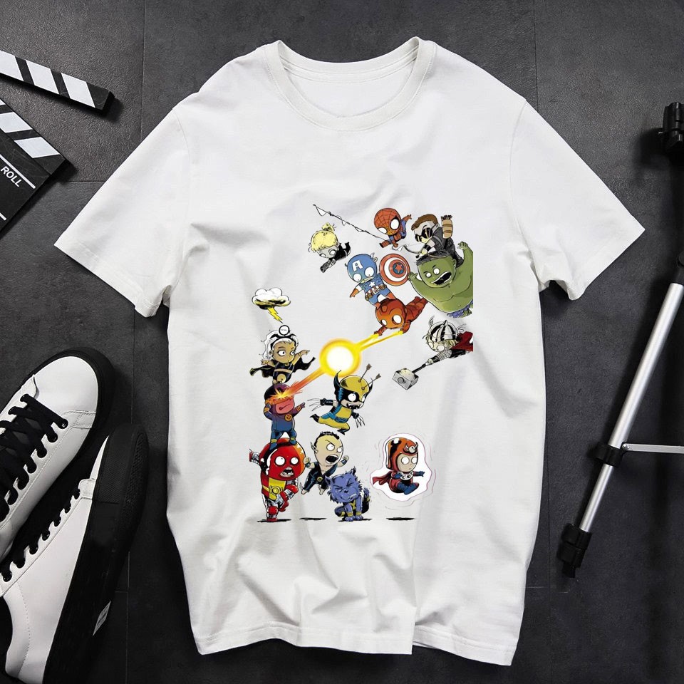 Áo thun trắng in hình chibi các siêu anh hùng MARVEL siêu dễ thương vải mịn mát