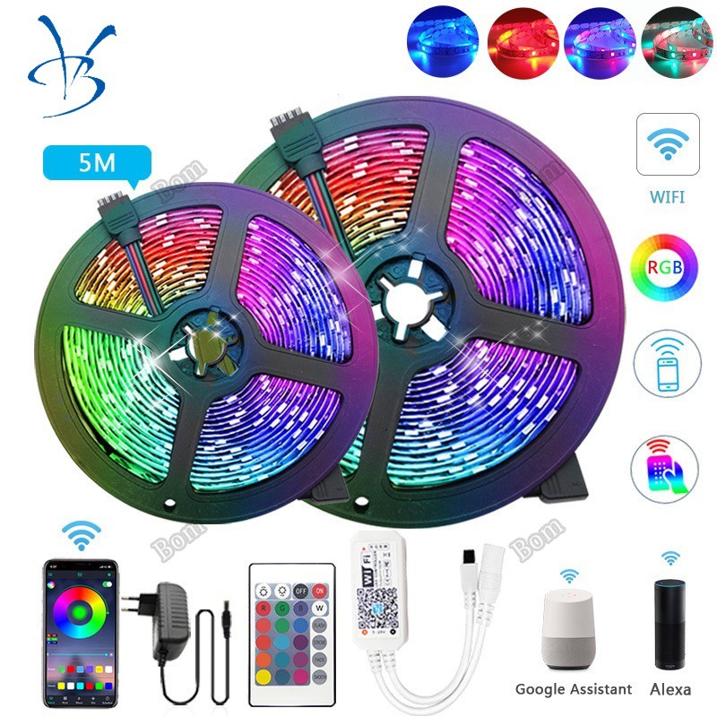 Bộ dải đèn LED RGB 5m 2835 5050 dạng băng diode dẻo chống thấm nước 12v với bộ điều khiển từ xa và bộ chuyển đổi