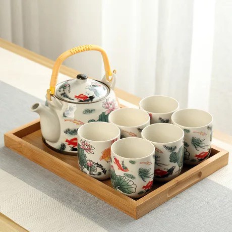 Set bộ ấm trà 6 tách Nhật Bản (gồm cả khay gỗ, có hộp quà tặng để làm quà biếu)