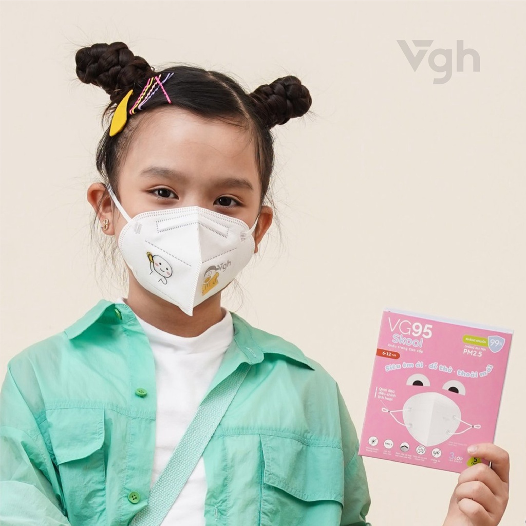 Khẩu trang trẻ em VG95 Skool kháng khuẩn, êm ái, dễ thở, dễ thương, thoải mái - Chính hãng VG Healthcare - Hộp 5 chiếc