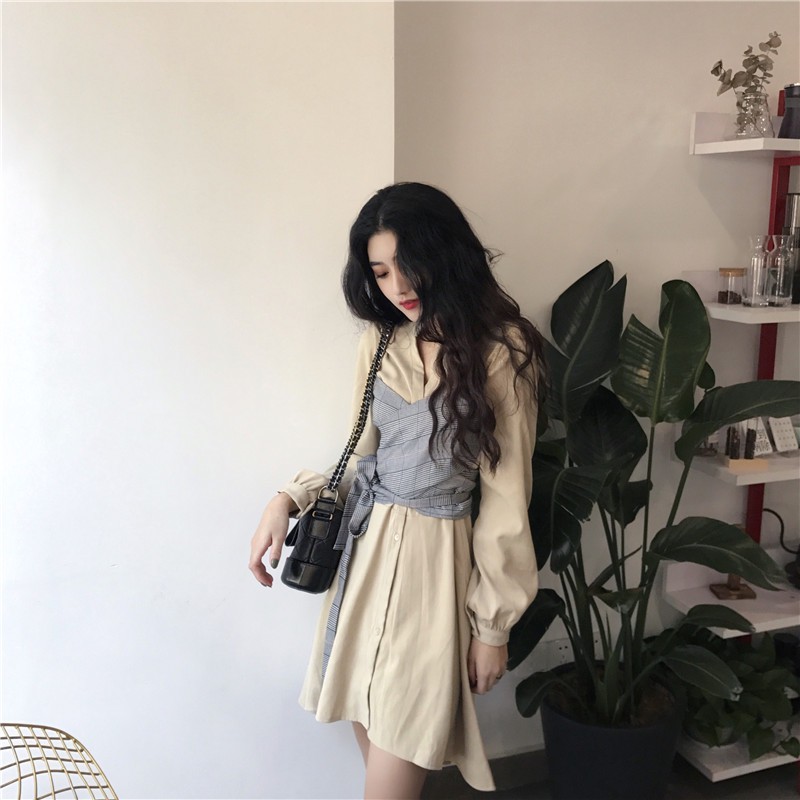 Xiaozhainv Đầm tay dài eo cao thời trang phong cách Hàn Quốc | BigBuy360 - bigbuy360.vn