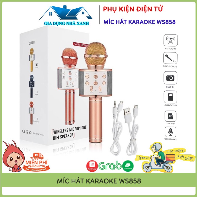 Míc Hát Karaoke, Micro Kiêm Loa Hát Karaoke Bluetooth Không Dây WS858, Tặng 1 Dây Nối Ra Loa Ngoài