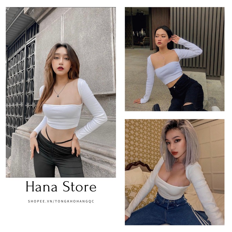 Áo Croptop Dài Tay Khoét Vai ❤️ Croptop nữ dài tay màu trắng cổ vuông form body SIÊU HOT ❤️