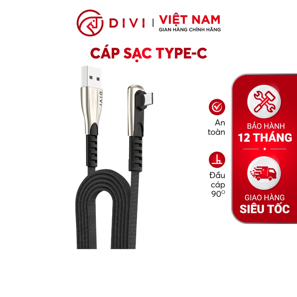 Dây cáp sạc type C DIVI P441 - Vỏ bện nylon - Đầu cáp vuông góc chống gãy - Hàng chính hãng - Bảo hành 12 tháng 1 đổi 1