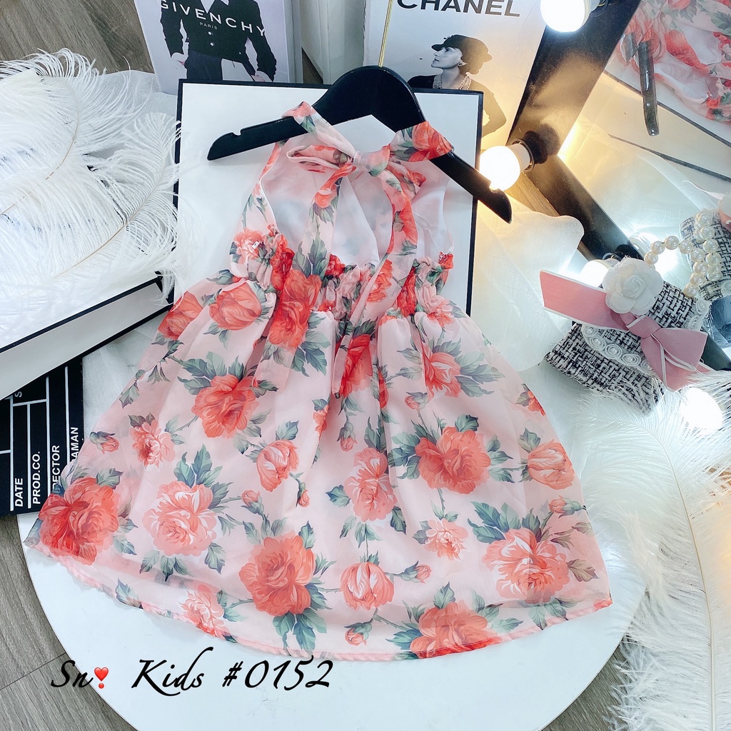 Váy bé gái, váy tơ 2 lớp họa tiết hoa hồng dáng maxi cho bé