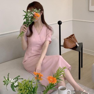 Đầm Tay Ngắn Cổ Chữ V Màu Sắc Đơn Giản 43842