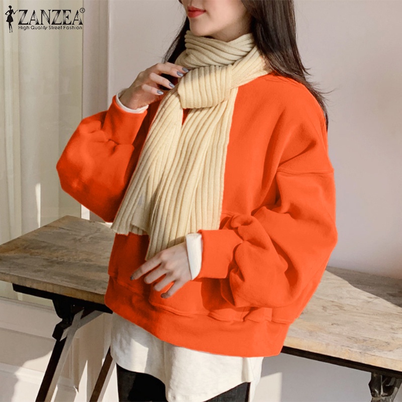 Áo sweatshirt ZANZEA cổ tròn dáng rộng tay dài màu trơn thời trang đường phố cho nữ