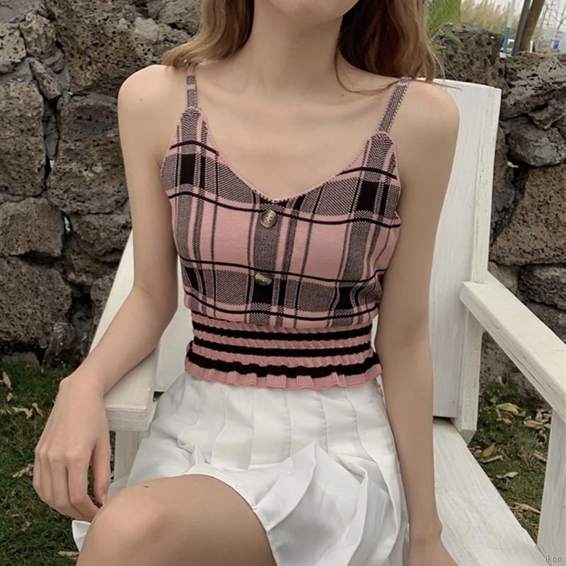 Áo Hai Dây Cổ Chữ V Họa Tiết Caro Quyến Rũ