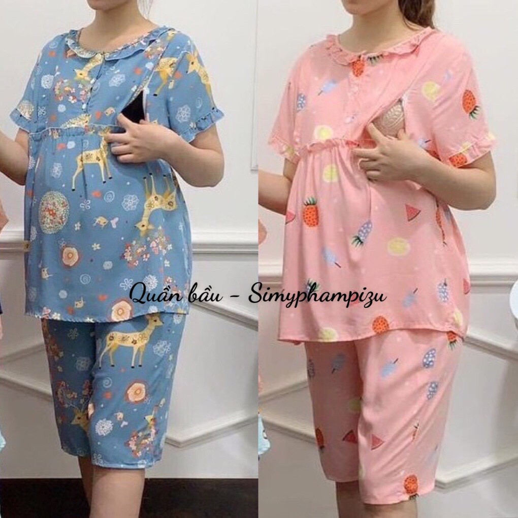 Đồ bộ bầu và sau sinh LỬNG cổ bèo họa tiết dễ thương chất lanh mềm BL 836