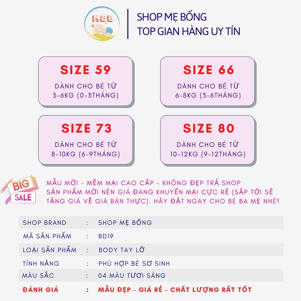 Body sơ sinh bodysuit cho bé trai gái liền thân vải Cực Mềm Mát hàng Quảng Châu Xịn từ 3-12kg – BD19