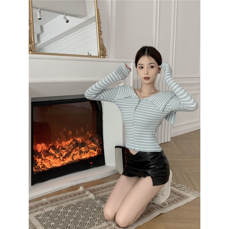 Áo sweater dệt kim tay dài dáng ôm màu tương phản có khóa kéo thời trang Hàn Quốc gợi cảm cho nữ
