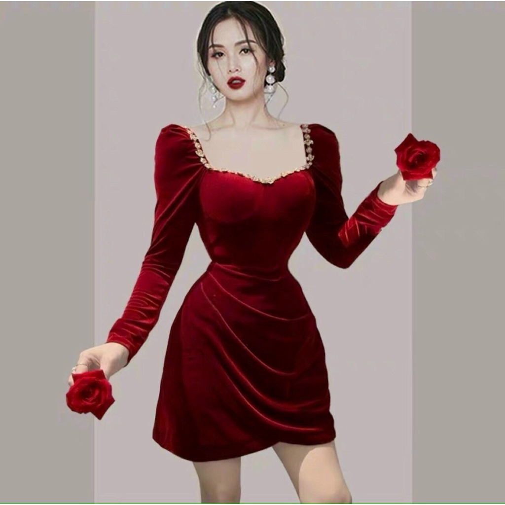 ĐẦM NHUNG BODY hót hít của năm! Body ôm dáng khỏi bàn, xếp nhún giấu bụng, cổ cao quý phái, Em này kết hợp áo khoác, bốt