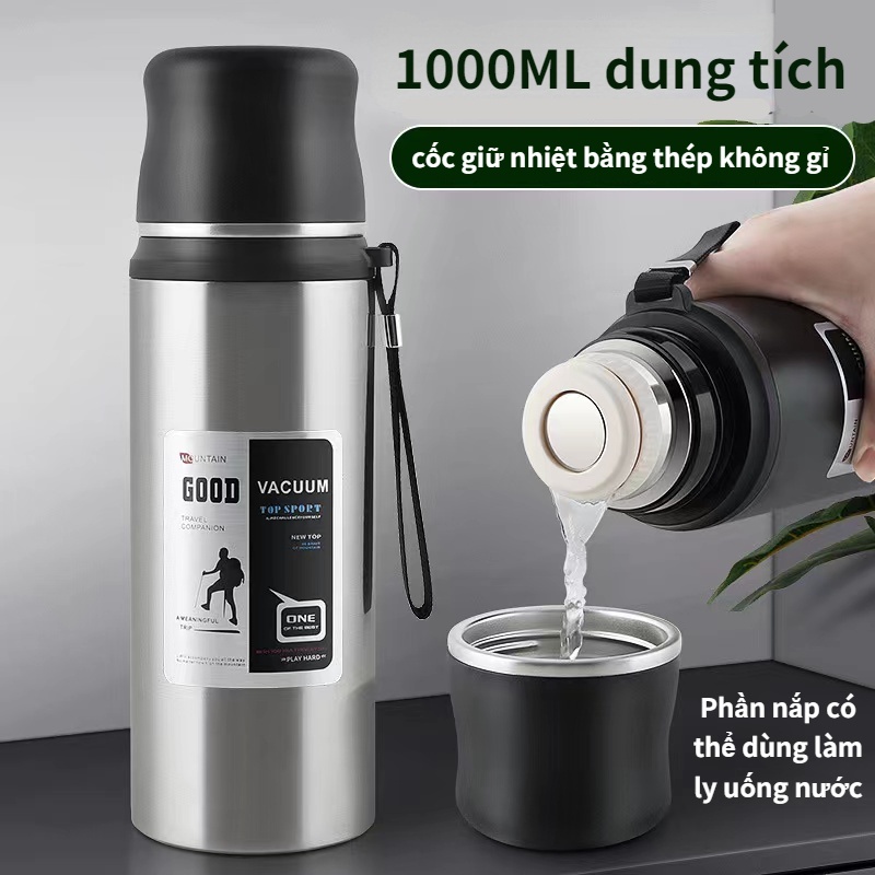 Cốc giữ nhiệt inox 304, cốc nước ngoài trời 1000ml,Nắp có thể dùng làm cốc,Giữ ấm 12 giờ,dễ dàng mang đi