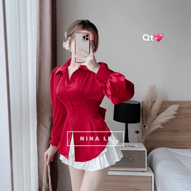 Áo sơ mi lụa tiểu thư cúc bọc buộc lưng SM1668 - Nhinhi Shop
