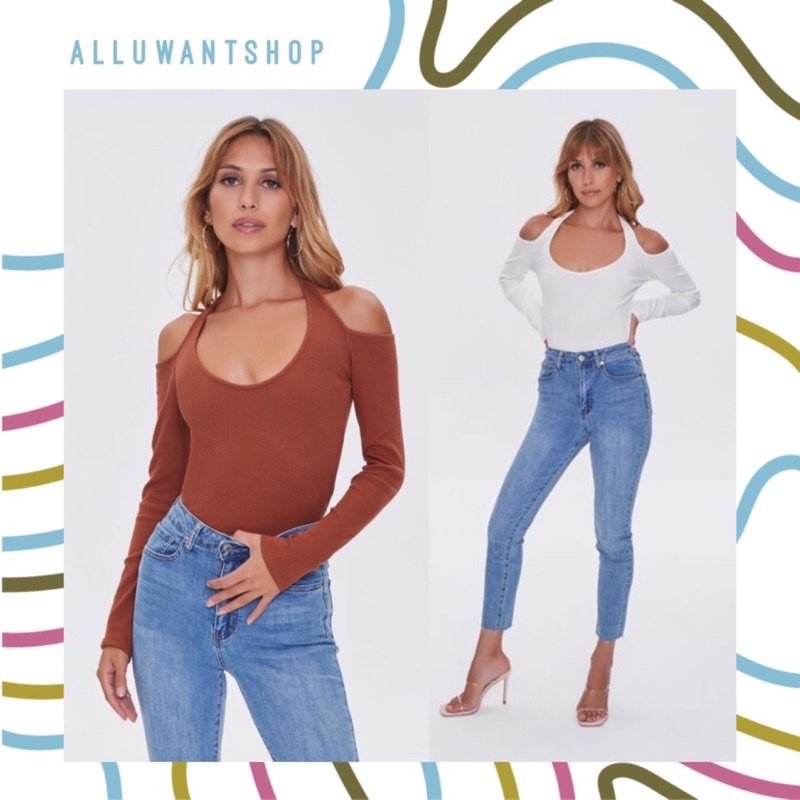 Áo tay dài hở vai Ribbed Open-Shoulder Top F21 hàng XK