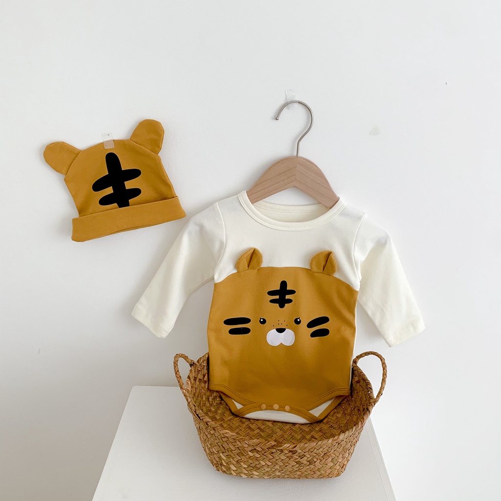 Set Áo Liền Quần + Nón Hình Hổ Bằng Vải Cotton Tay Dài Dễ Thương Cho Bé