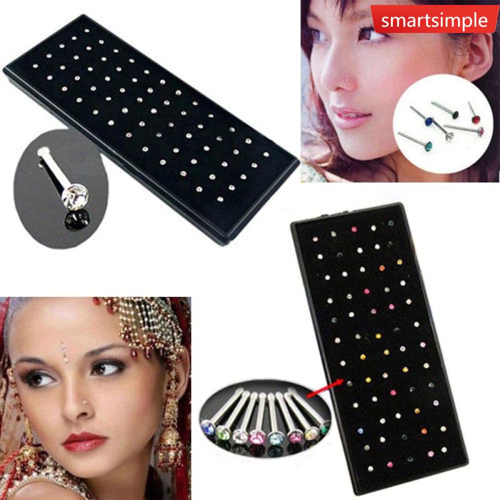 Bộ 60 Khuyên Mũi Đính Đá Pha Lê Đơn Giản Bằng Thép Phẫu Thuật D5F1