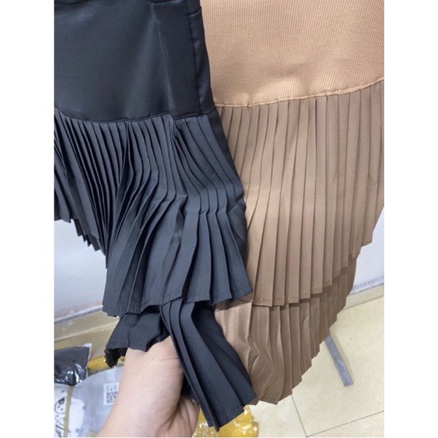 Chân váy bầu xếp li 2 tầng thời trang bầu teen màu nâu,đen (Ảnh thật phía sau)
