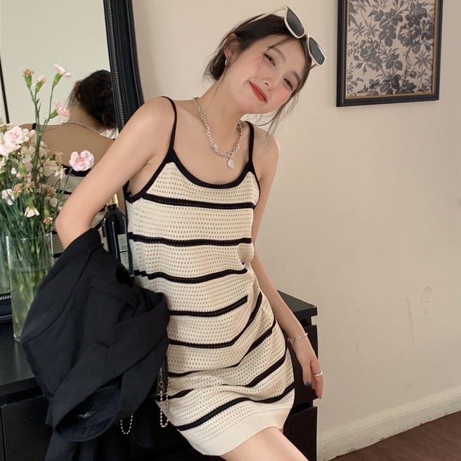 Đầm dệt kim NZN dáng rộng kẻ sọc phong cách Pháp xinh xắn cho nữ