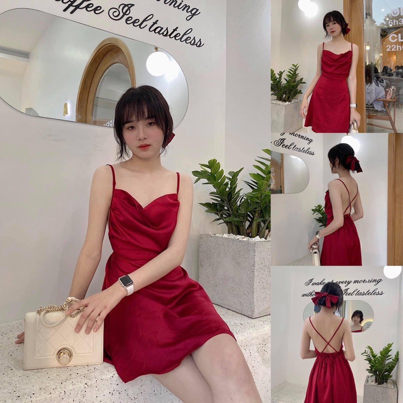 Đầm 2 dây lụa đỏ đắp chéo lưng cổ đổ sexy
