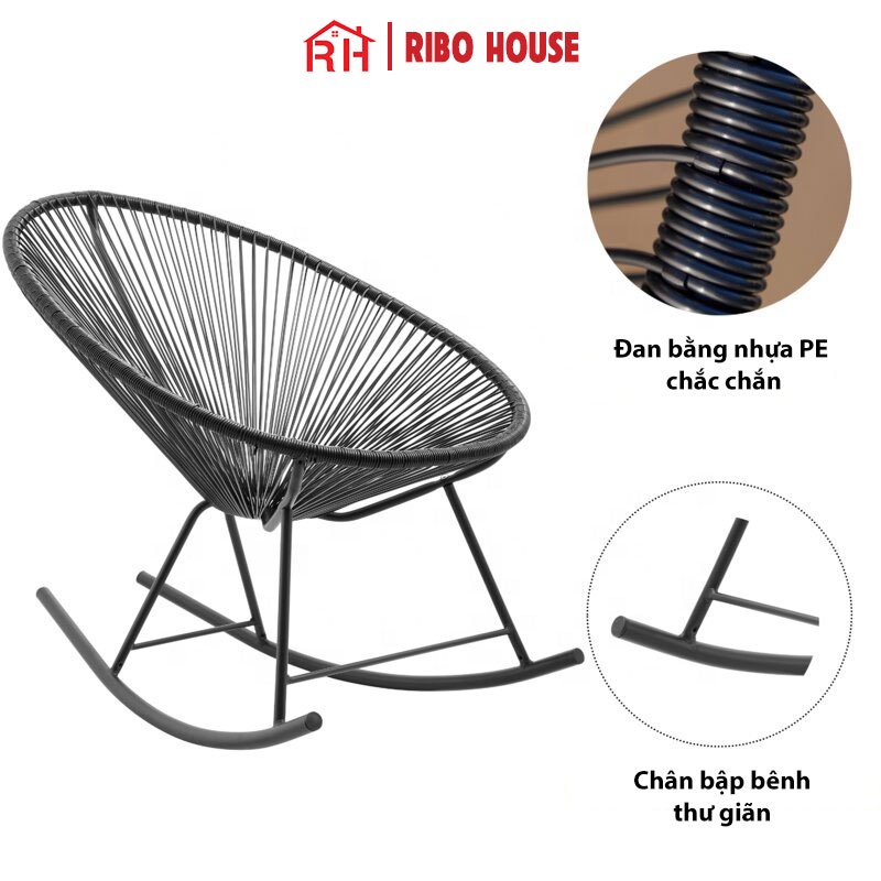 Ghế thư giãn bập bênh RIBO HOUSE giả mây nhựa khung kim loại, ghế để ban công phòng khách trang trí quán cà phê RIBO207