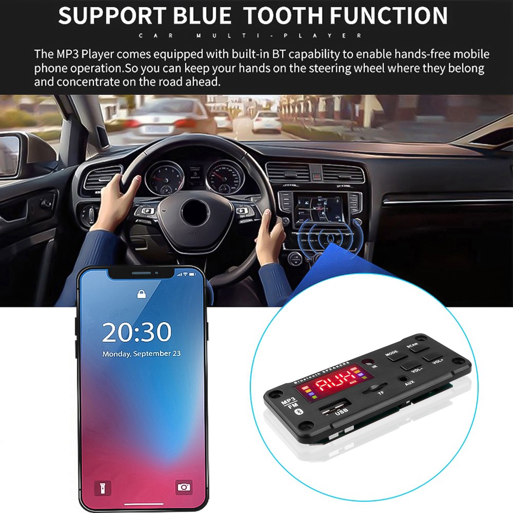 Bảng mạch âm thanh 12V Bluetooth 5.0 USB FM TF AUX không khuếch đại có màn hình lớn loa bluetooth
