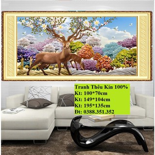 tranh thêu chữ thập phong cảnh hươu tài lộc