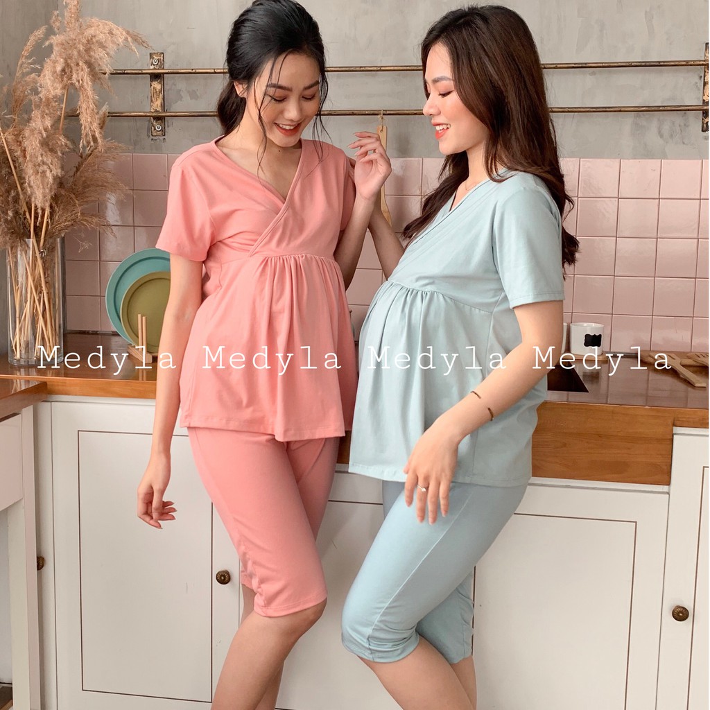 Bộ bầu mặc nhà vạt chéo ngắn tay sau sinh thiết kế Medyla onhacoshopee | BigBuy360 - bigbuy360.vn