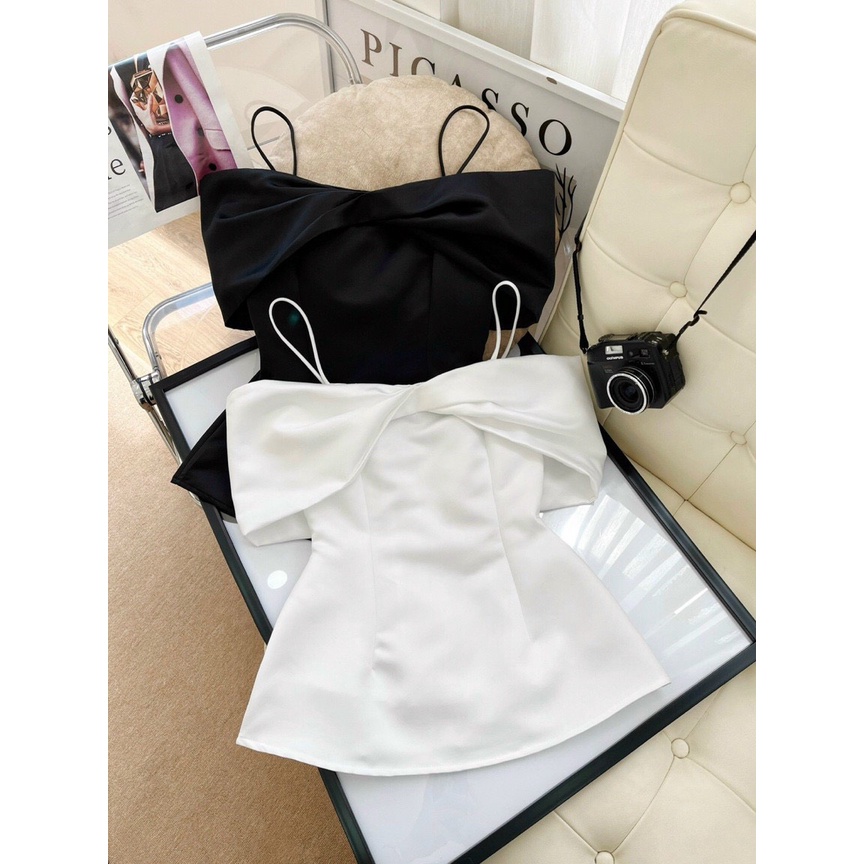 Áo nơ 2 dây trễ vai tay ngắn NPSHOP, áo nữ kiểu nơ trước ngực ôm thắt eo vải cao cấp NP SHOP NPAO057