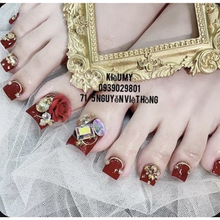 Nailbox móng úp thiết kế sẵn / Màu đỏ đô gắ đá khối và hoa bột + keo dũa
