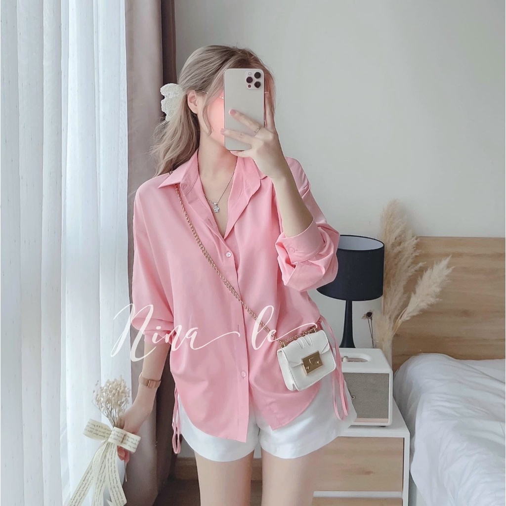 Set Áo Sơ Mi Trắng Hồng Dây Rút Mix Quần Sooc Đùi Mặc Thoải Mái Dễ Chịu