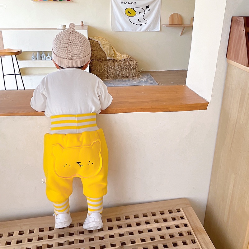 Quần legging phối lông dày dặn họa tiết kẻ sọc kiểu hoạt hình gấu dễ thương cho bé