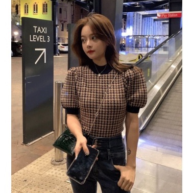 Áo kiểu tay ngắn dáng ôm hoạ tiết Houndstooth phong cách Hàn Quốc